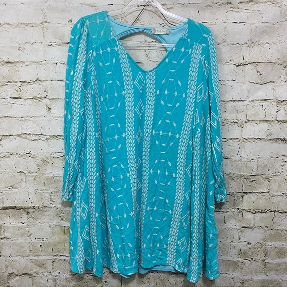 Altar'd State Aqua Blue White Boho Embroidered Floral Peasant Shirt Dress - Picture 1 of 6